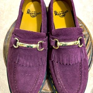 Dr. Marten’s Snaffle burgundy suede loafers w/brass horseshoe bit.